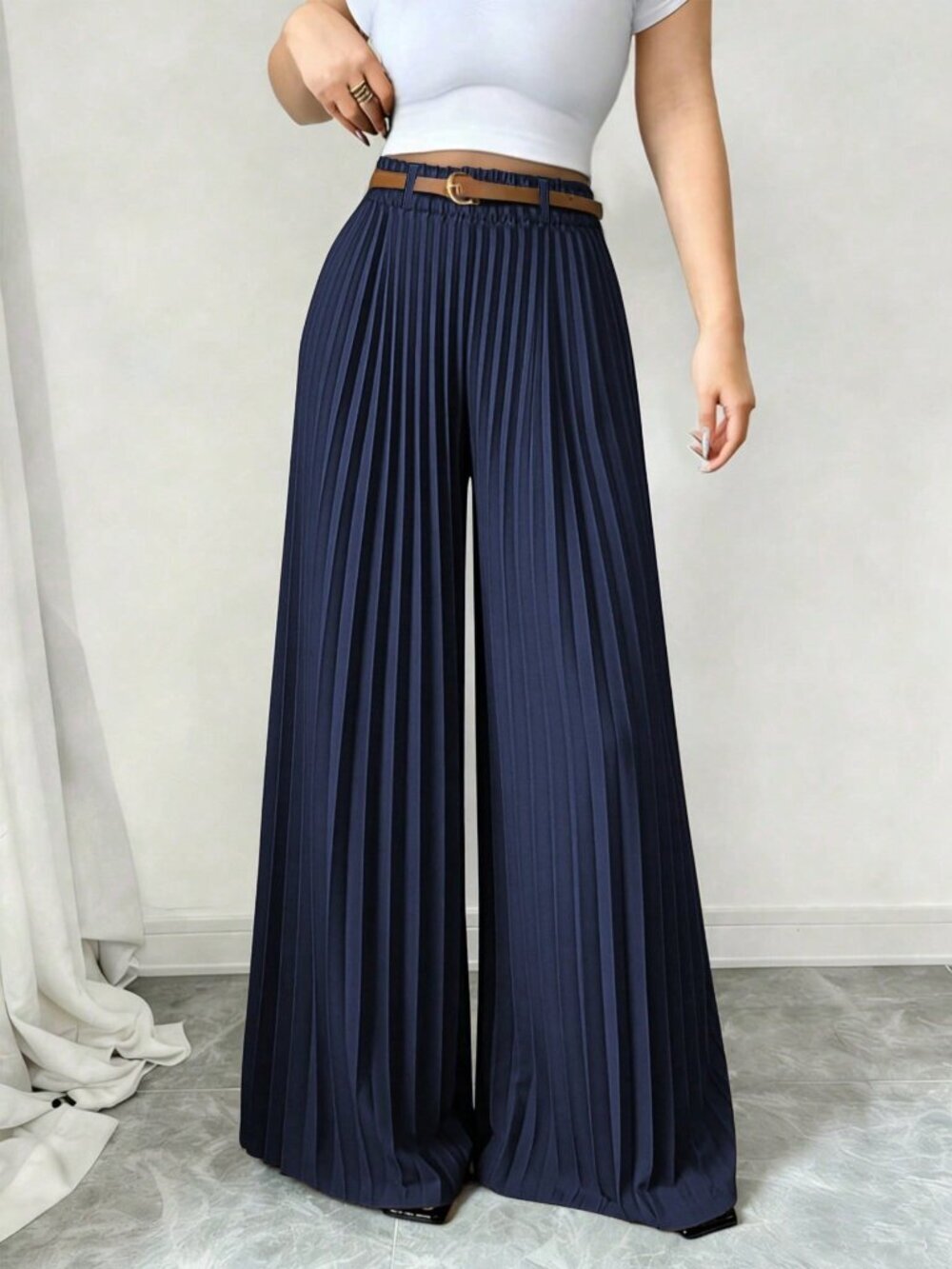 Navy Blue Elegant Women's Pleated Wide Leg Loose Casual Pants